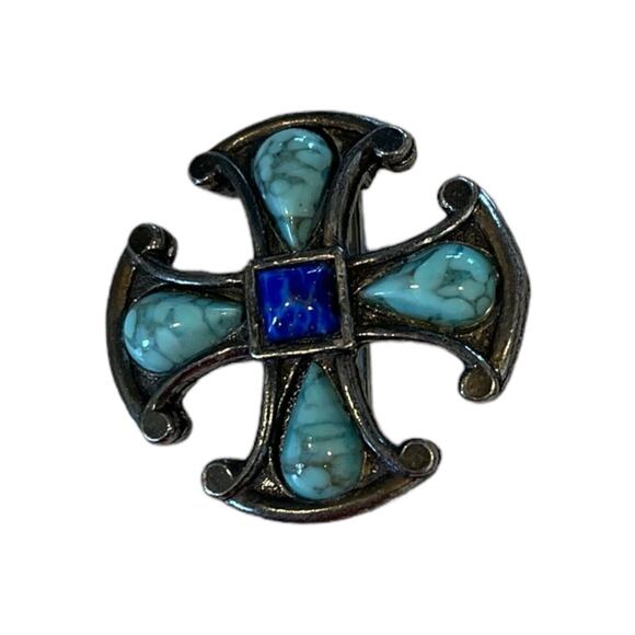 Turquoise Maltese Cross Miracle Brooch - Picture 1 of 2